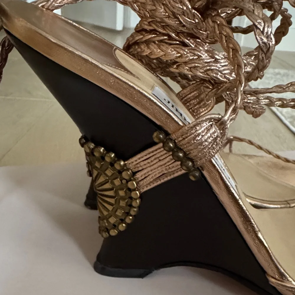 Jimmy Choo Metallic Rose Gold Braided-Strap Heeled Sandals - Picture 4 of 8